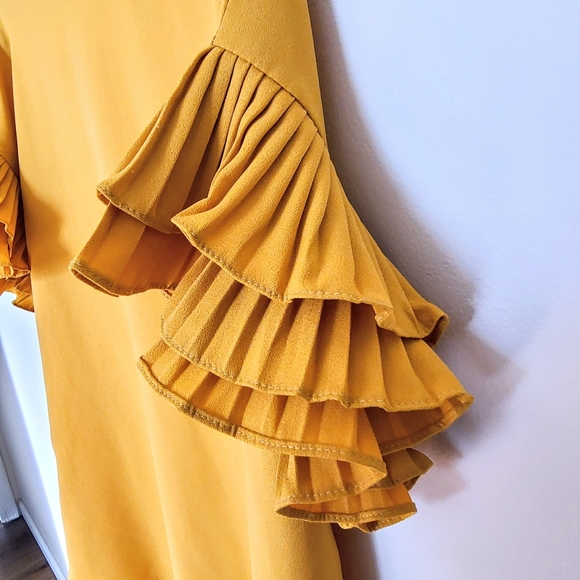 Ontwelfth | Golden Yellow Pleated Ruffle Sleeve Shift Dress - Picture 4 of 7
